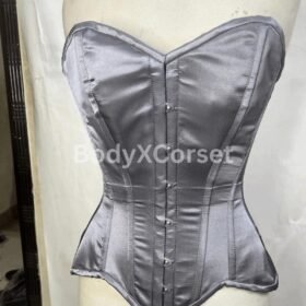 Gray Satin Overbust Corset: Steel Boned Longline Waist Trainer