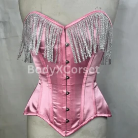 Pink Satin Rhinestone Fringe Corset: Burlesque Overbust Bustier