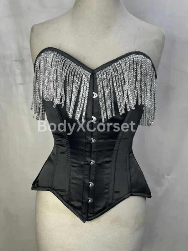Handmade Black Satin Fringe Corset: Burlesque Gothic Overbust Bustier Vintage Showgirl Waist Trainer