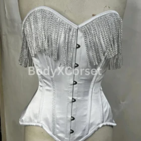 White Satin Fringe Corset: Bridal Burlesque Longline Bustier Waist Trainer Top