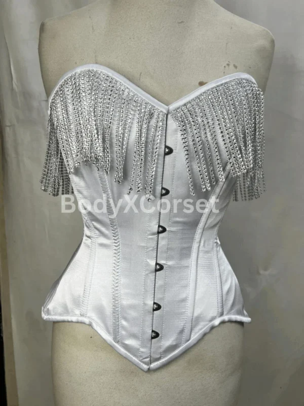 White Satin Fringe Corset: Bridal Burlesque Longline Bustier Waist Trainer Top