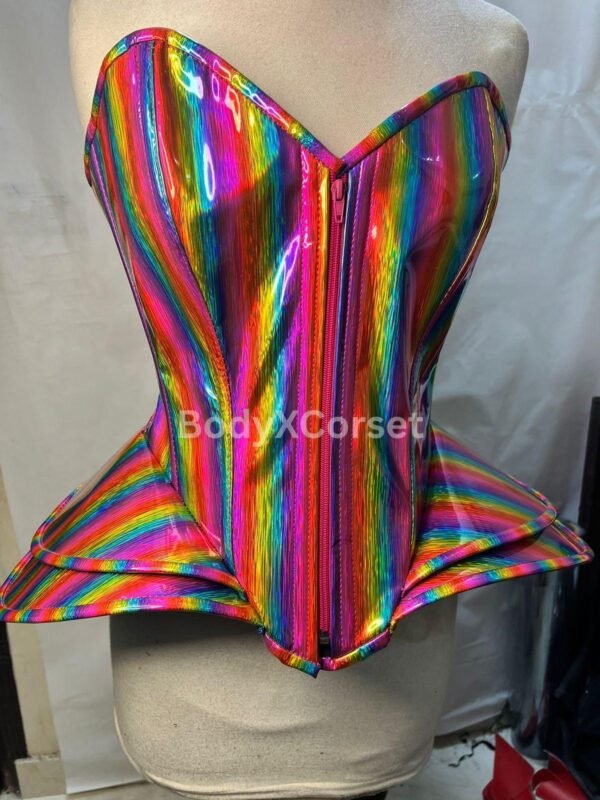 Holographic Rainbow PVC Corset Top: Peplum Rave Costume