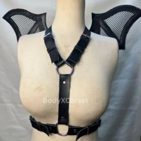 Gothic Bat Wing Shoulder Shrug Harness Mesh & Leather Cage Top | Adjustable Fantasy Cosplay Corset, Festival Rave Wear, Dark Fairy Costume