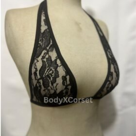 Black Lace Triangle Bralette: Sheer Halter Lingerie, Festival Rave Top