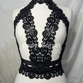 Black Lace Applique Halter Bralette Top – Gothic Festival Crop Top – Sheer Backless Lingerie Top – Steampunk Burlesque Harness Bra