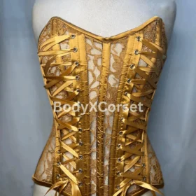 Handmade Gold Lace Overbust Corset: Victorian Steampunk Bustier