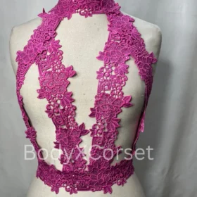 Hot Pink Lace Halter Bralette Top Gothic Lingrie Crop Top  Sheer Backless Lingerie Top Punk Burlesque Body Harness Bra