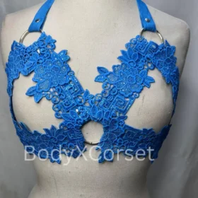 Blue Lace Halter Bralette Top Handmade Strappy Lingerie Bra Festival Top Adjustable Harness See Through Bra Top