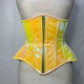 Holographic Yellow Vinyl Corset: Lace-Up Cyberpunk Rave Top