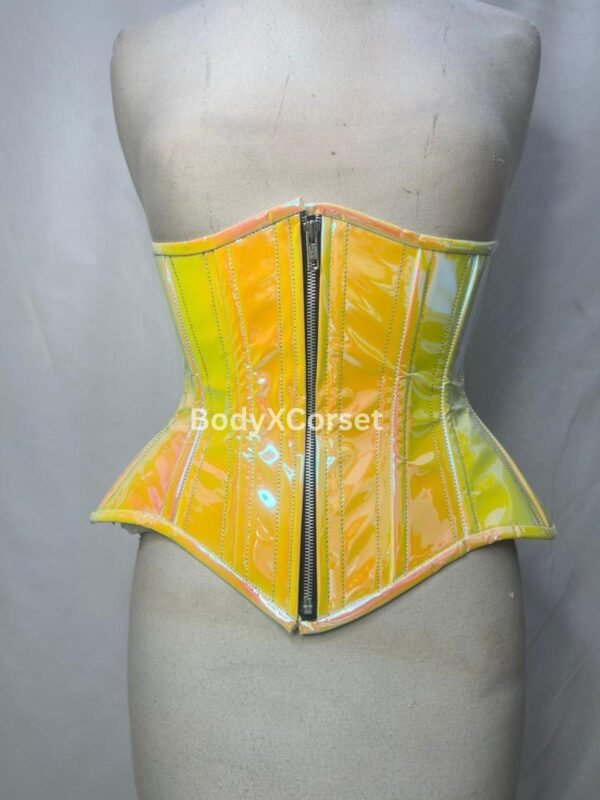 Holographic Yellow Vinyl Corset: Lace-Up Cyberpunk Rave Top
