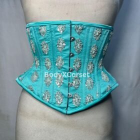 Turquoise Sequin Corset: Steel Boned Vintage Bridal Burlesque Top Waist Trainer