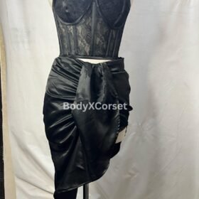 Sheer Black Lace Overbust Corset Top with Satin Ruched Skirt – Gothic Victorian Burlesque Lingerie | Sexy Waist Training Bustier Set