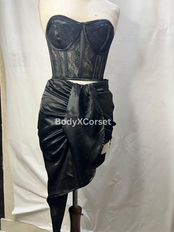 Sheer Black Lace Overbust Corset Top with Satin Ruched Skirt – Gothic Victorian Burlesque Lingerie | Sexy Waist Training Bustier Set