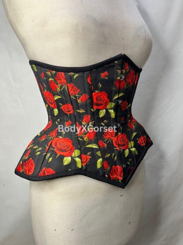 Floral Steel Boned Corset: Red Rose Print Gothic Burlesque Waist Trainer