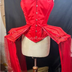 Red Satin Overbust Corset: Burlesque Costume with Tulle Panniers