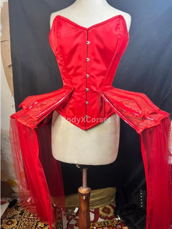 Red Satin Overbust Corset: Burlesque Costume with Tulle Panniers