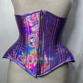 Holographic Steel Boned Corset: Iridescent Purple Overbust Waist Trainer
