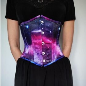 Galaxy Corset Waist Trainer – Purple Nebula Overbust Corset for Women – Gothic Space Print Corset Top – Celestial Festival Corset Lingerie