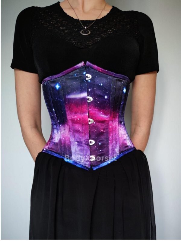 Galaxy Corset Waist Trainer – Purple Nebula Overbust Corset for Women – Gothic Space Print Corset Top – Celestial Festival Corset Lingerie