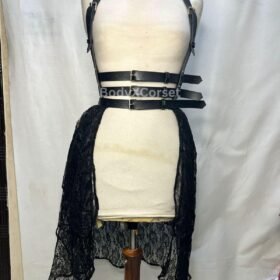 Gothic Leather Harness Corset: Lace Bustle Skirt, BDSM Belt, Rave Costume