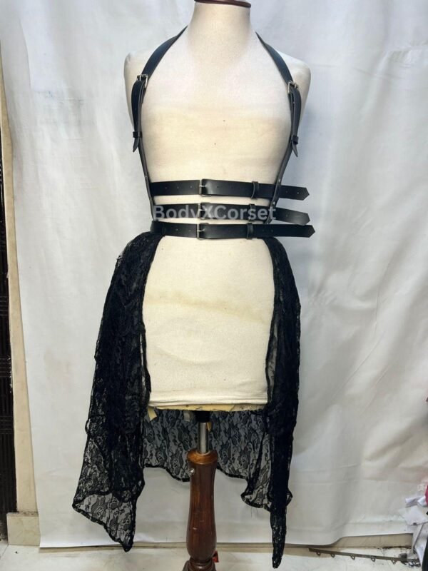 Gothic Leather Harness Corset: Lace Bustle Skirt, BDSM Belt, Rave Costume