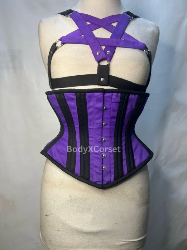 Gothic Purple and Black Underbust Corset with Pentagram Harness | Steel Boned Waist Trainer Festival, Cosplay, Burlesque, Steampunk Lingerie