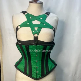Green Gothic Corset & Harness Bra Set – Alt Lingerie Waist Trainer, Witchy Lace Festival Outfit, Cosplay Corset Top, Boned Burlesque Wear