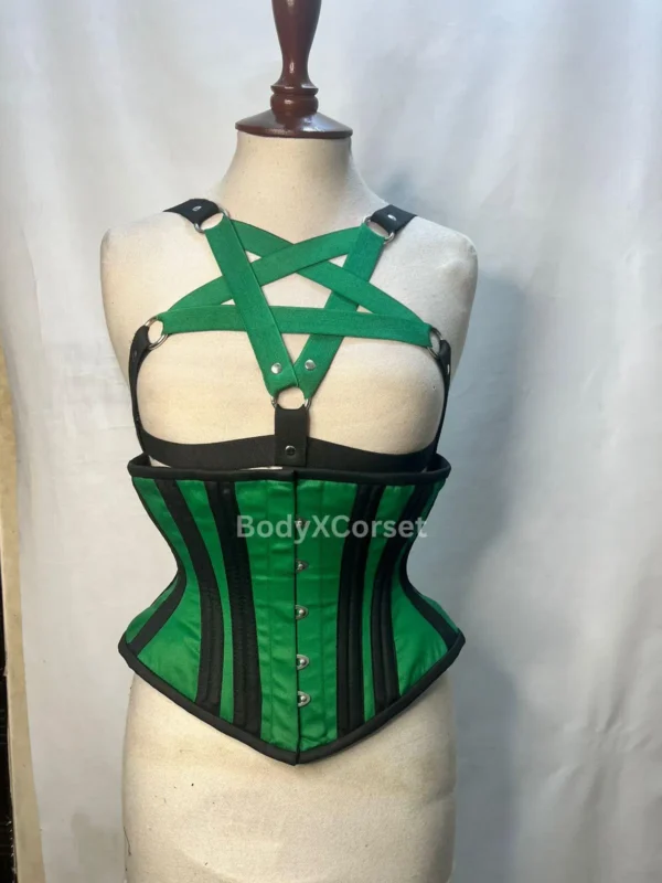 Green Gothic Corset & Harness Bra Set – Alt Lingerie Waist Trainer, Witchy Lace Festival Outfit, Cosplay Corset Top, Boned Burlesque Wear