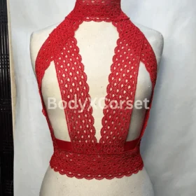 Red Halter Lace Bralette Top – Handmade Festival Crop Top – Open Back Sexy Lace Lingerie – Gothic Burlesque Harness Bra – Bridal Outfit