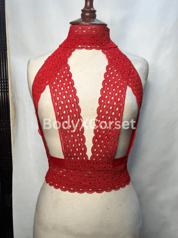 Red Halter Lace Bralette Top – Handmade Festival Crop Top – Open Back Sexy Lace Lingerie – Gothic Burlesque Harness Bra – Bridal Outfit