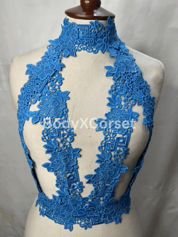 Blue Lace Halter Bralette Top – Sexy Backless Lace Crop Top – Handmade Festival Lingerie Top – Boho Halter Bra for Rave, Burlesque, Cosplay