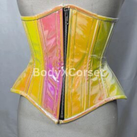 Yellow Holographic PVC Corset: Steel Boned Rave Cyberpunk Top