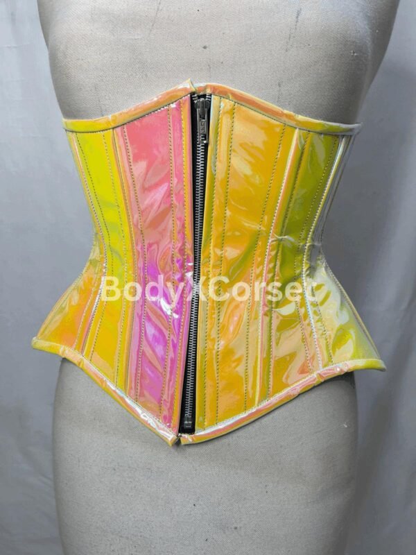 Yellow Holographic PVC Corset: Steel Boned Rave Cyberpunk Top