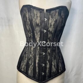 Black Lace Overbust Corset Top – Longline Steel Boned Gothic Waist Trainer – Sheer Burlesque Corset for Women – Sexy Lingerie Bustier
