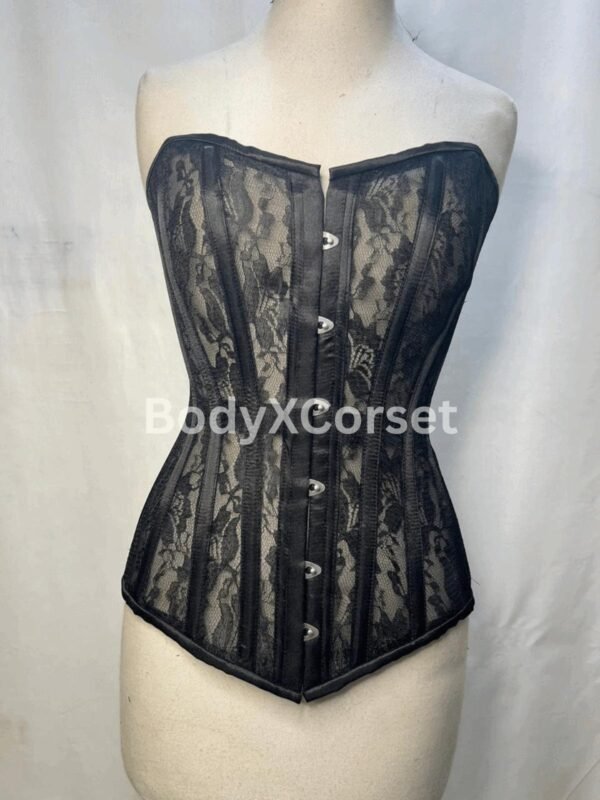 Black Lace Overbust Corset Top – Longline Steel Boned Gothic Waist Trainer – Sheer Burlesque Corset for Women – Sexy Lingerie Bustier