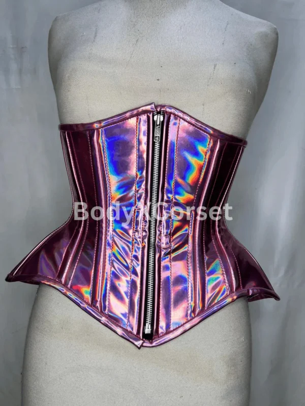 Purple Holographic PVC Corset: Longline Waist Trainer, Rave Festival Fashion