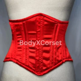 Red Satin Underbust Corset: Steel Boned Waist Cincher, Gothic Burlesque Style