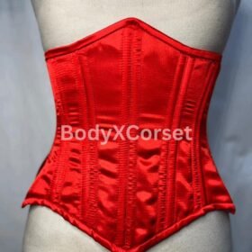 Red Satin Longline Corset: Steel Boned Waist Trainer, Gothic Burlesque Style