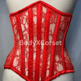 Red Mesh Underbust Corset Waspie – Floral Lace Waist Trainer – Sheer Longline Corset Belt – Steel Boned Lingerie Top – Gothic Waist Cincher