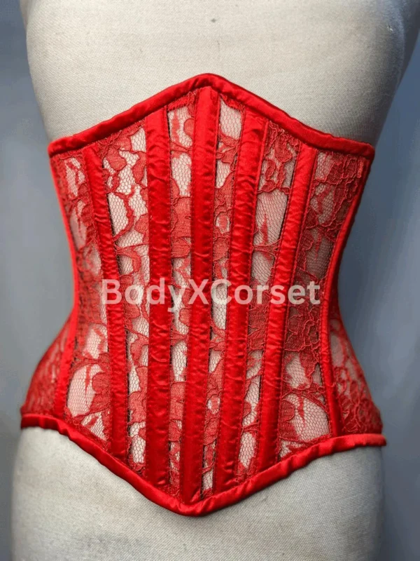 Red Mesh Underbust Corset Waspie – Floral Lace Waist Trainer – Sheer Longline Corset Belt – Steel Boned Lingerie Top – Gothic Waist Cincher