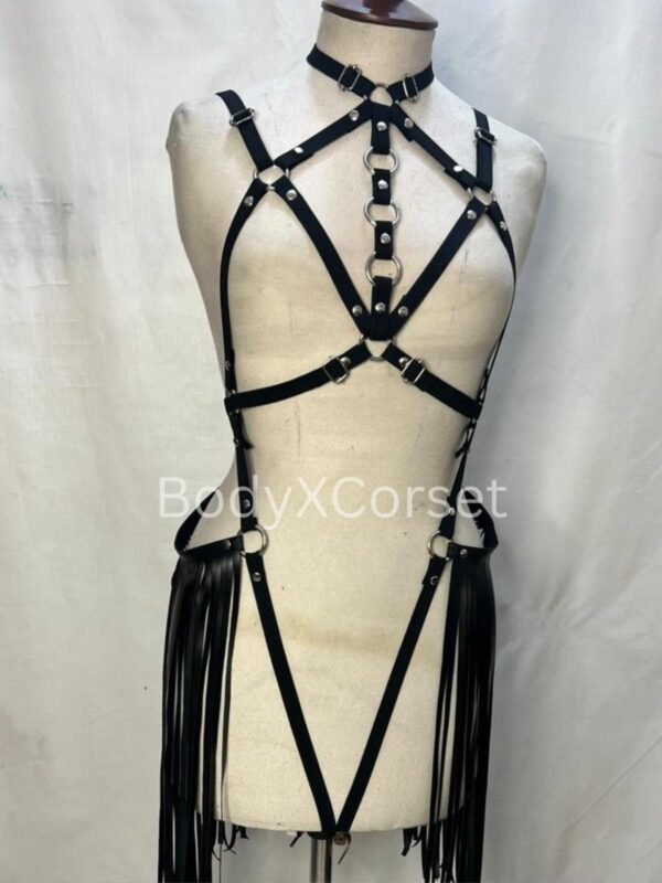 Black Faux Leather Fringe Harness: Adjustable Rave Body Cage Gothic BDSM Lingerie Costume Dancewear