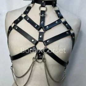 Black Leather Body Harness with Chains | Adjustable Faux Leather Gothic Cage Top | Festival Rave Chest Harness BDSM Punk Lingerie Accessory