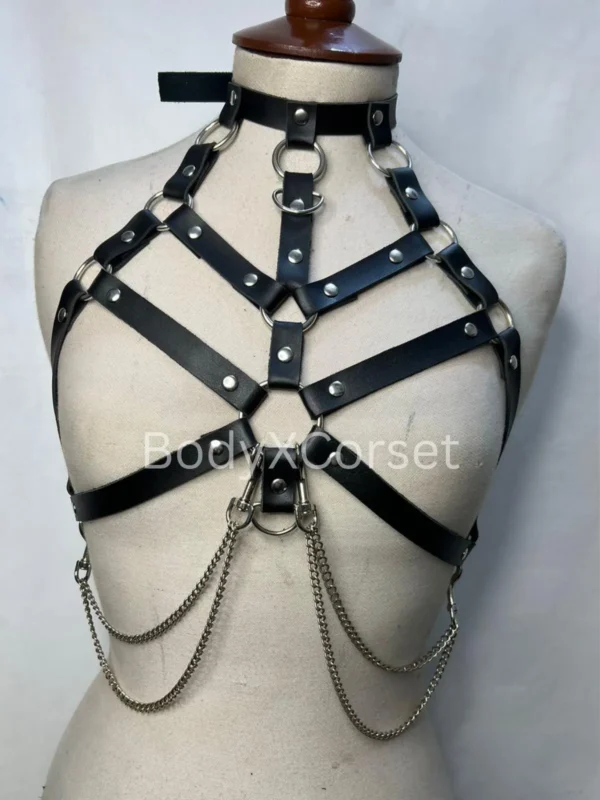 Black Leather Body Harness with Chains | Adjustable Faux Leather Gothic Cage Top | Festival Rave Chest Harness BDSM Punk Lingerie Accessory