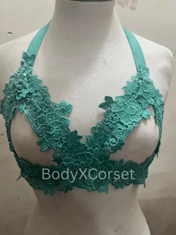 Sage Green Lace Halter Bralette Top Handmade Strappy Lingerie Bra Festival Top Adjustable Harness See Through Bra Top