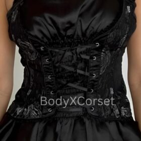 Black Satin Peplum Corset Top – Lace-Up Gothic Blouse