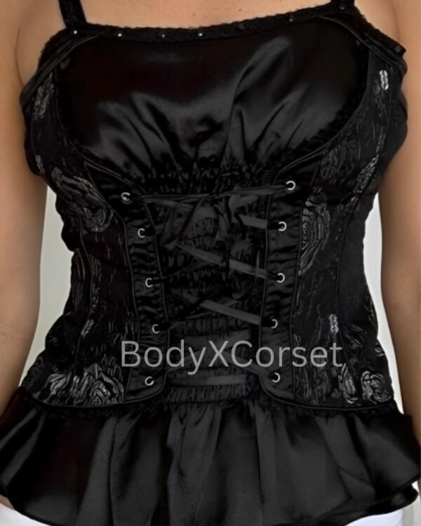 Black Satin Peplum Corset Top – Lace-Up Gothic Blouse