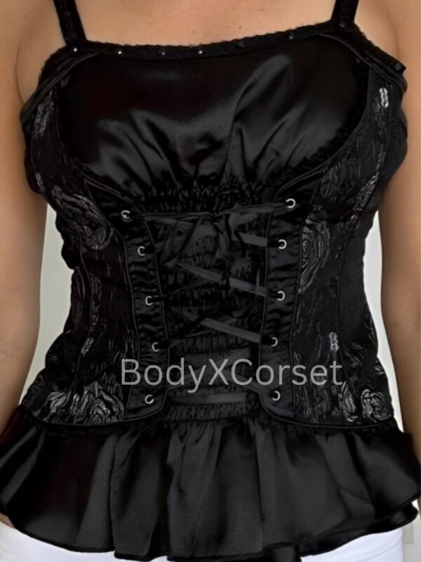 Black Satin Lace-Up Corset Top: Gothic Peplum Blouse with Jacquard Detail