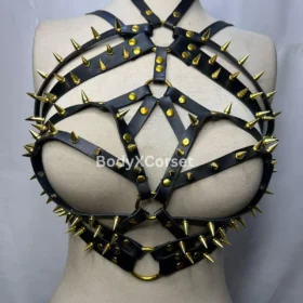 Spiked Faux Leather Chest Harness Bra: Gothic Rave Cage Top Rave Fetish Outfit