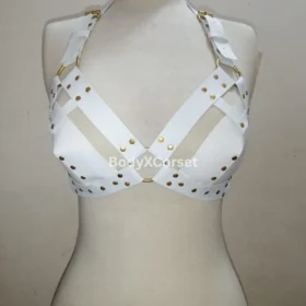 White Vegan Leather Cage Harness Bra: Gothic Festival Rave Top
