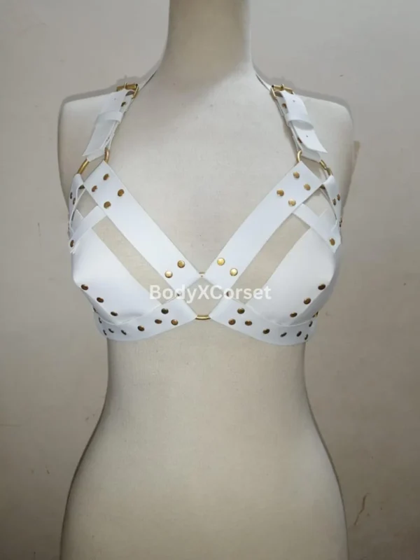 White Vegan Leather Cage Harness Bra: Gothic Festival Rave Top